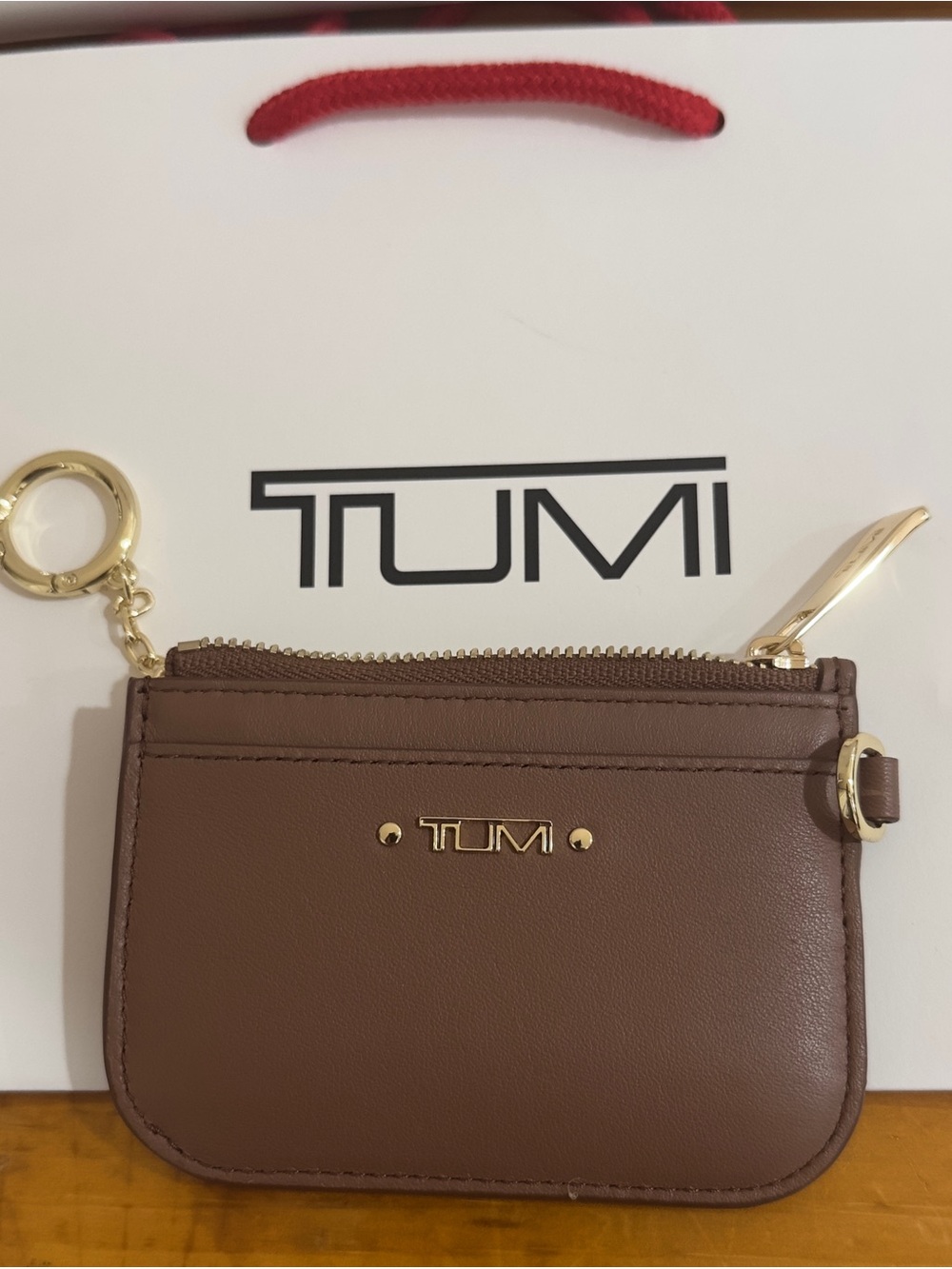 Brand New Tumi Brown Leather Zip Card Case with Gold Keyring